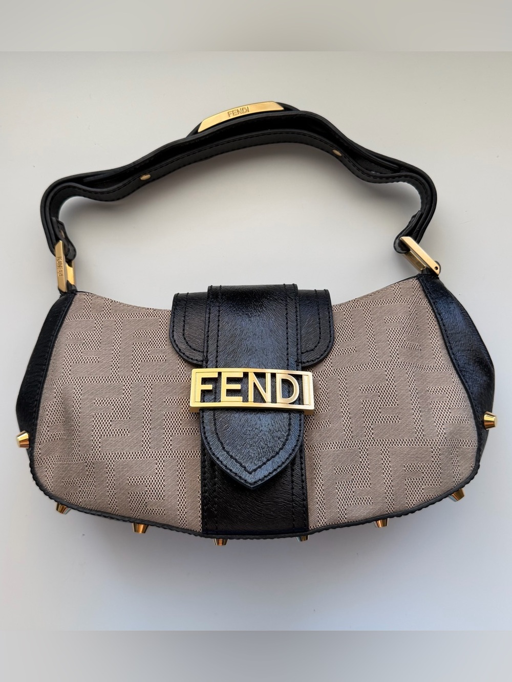 Fendi Zucca Shadow Black Leather Studded Shoulder Bag